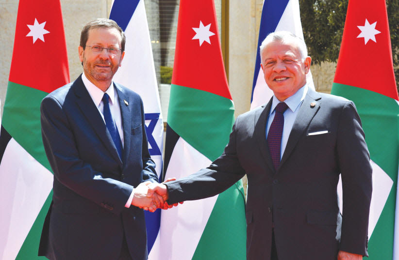  PRESIDENT ISAAC HERZOG shakes hands with Jordans King Abdullah II in Amman, last year. Its ridiculous that the Israel-Jordan peace deal gives the kingdom a special role at the Temple Mount, says the writer. (photo credit: HAIM ZACH/GPO)