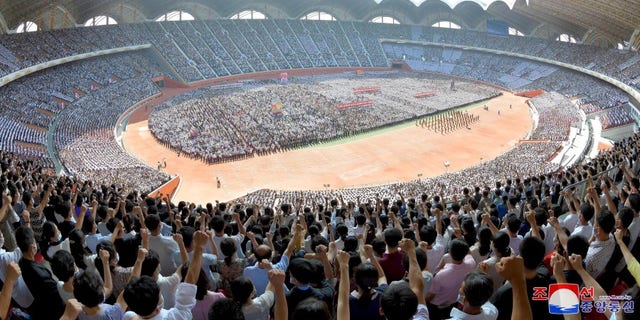 The pictured rally is in Pyongyang