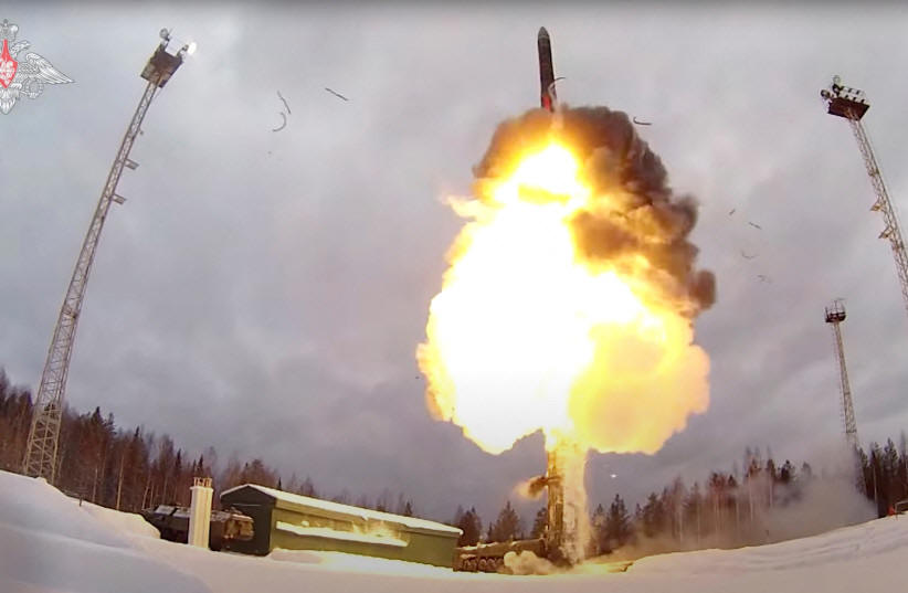 A Russian Yars intercontinental ballistic missile is launched during the exercises by nuclear forces in an unknown location in Russia, in this still image taken from video released February 19, 2022. (photo credit: RUSSIAN DEFENSE MINISTRY/HANDOUT VIA REUTERS)