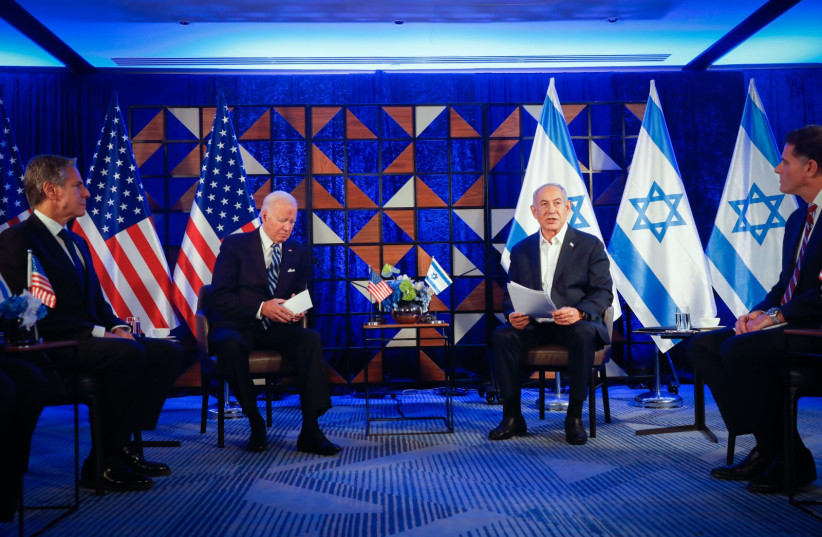  US President Joe Biden attends a meeting with Prime Minister Benjamin Netanyahu, as he visits Israel amid the ongoing conflict between Israel and Hamas, in Tel Aviv, Israel, October 18, 2023 (credit: MIRIAM ALSTER/FLASH90)