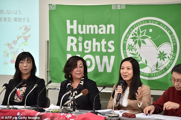 Japanese activists and lawyers, (L-R) lawyer and the head of Human Rights Now Kazuko Ito, lawyer Hiroko Goto, activist Shihoko Fujiwara, and activist Setsuko Miyamoto, hold a press conference in Tokyo on March 3, 2016, about women being exploited and abused in Japan's multi-billion dollar pornographic film industry