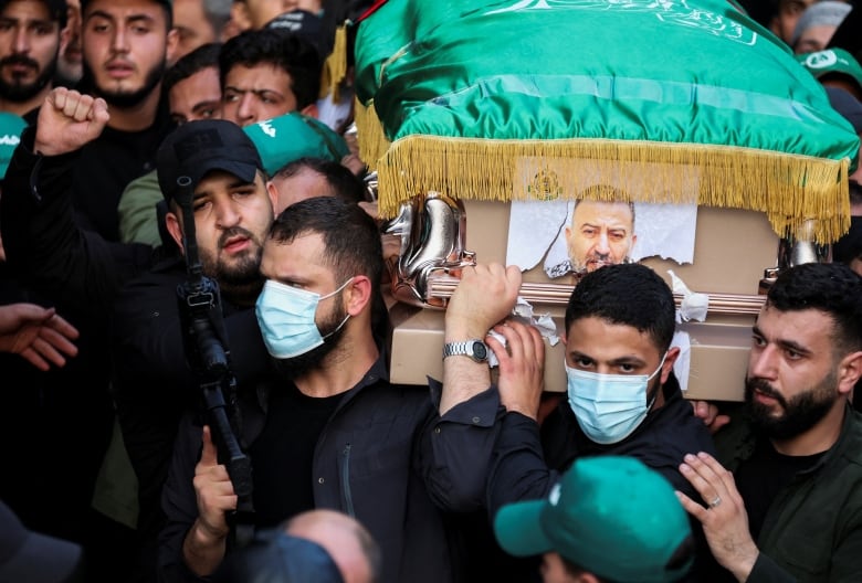 Mourners gather during the funeral of deputy head of Hamas, Saleh al-Arouri, who was killed by what Lebanese and Palestinian security sources say was a drone strike by Israel in Beirut, Lebanon January 4, 2024. Israel has neither confirmed nor denied that it killed Arouri in the attack. 